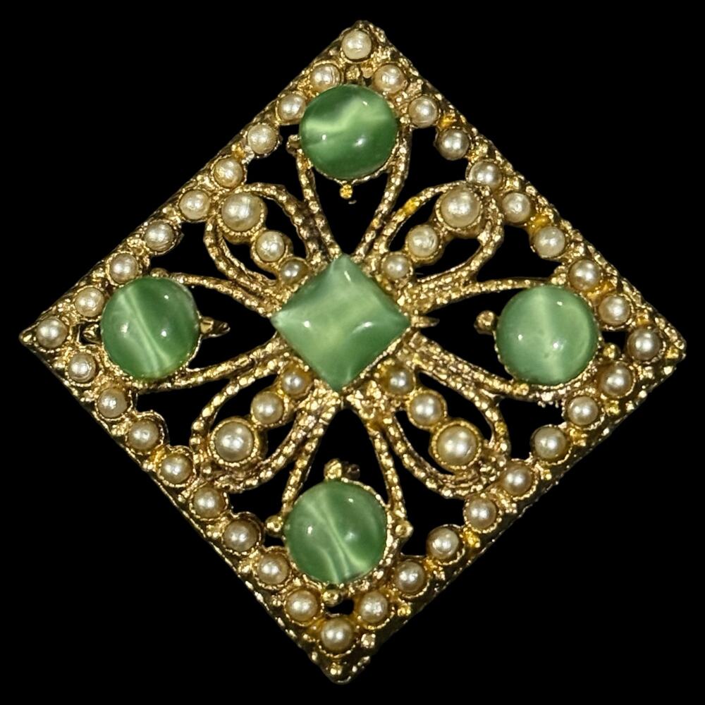 Vintage Gold Tone Faux Pearl Green Statement Brooch Square Hollywood Regency